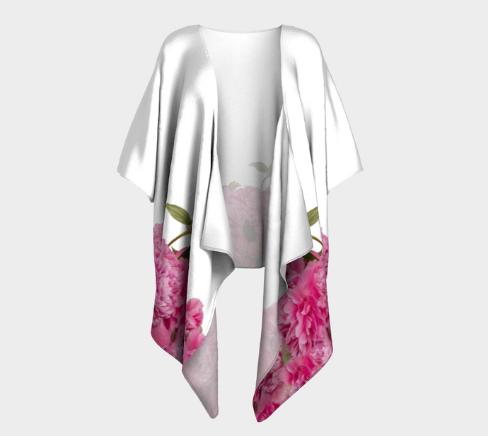 Heirloom Pink Peonies on white Kimono Wrap ealanta