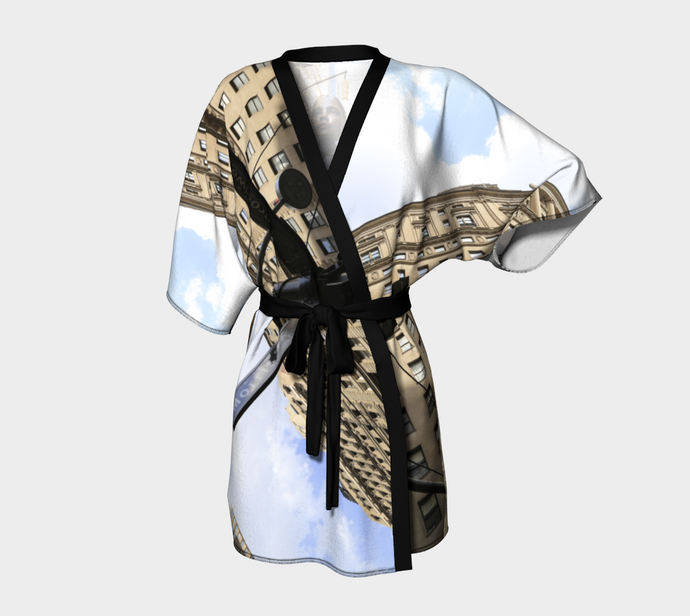 Fearless Girl wears ealanta, Imagine,50th, NYC collage Kimono Robe- ealanta Art Wear